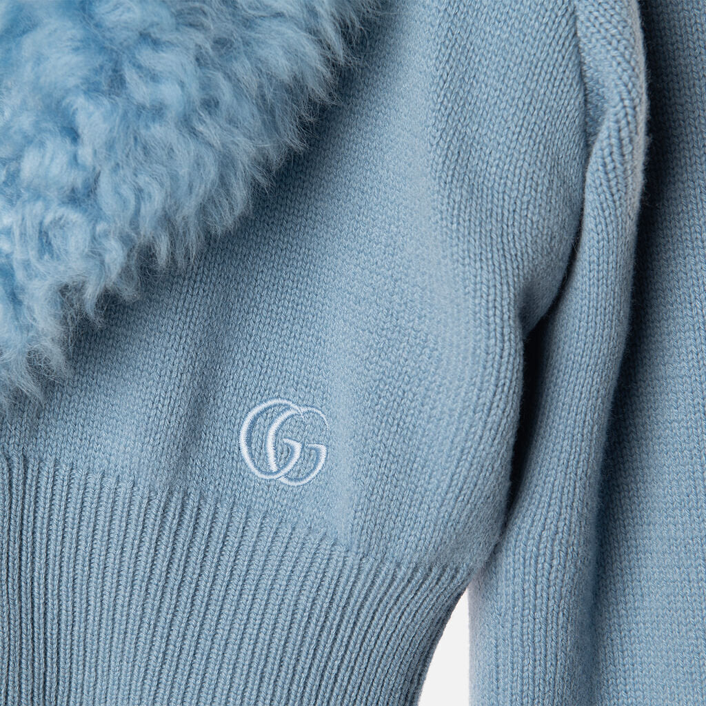Gucci Blue Wool and Cashmere Cardigan With Shearling Collar