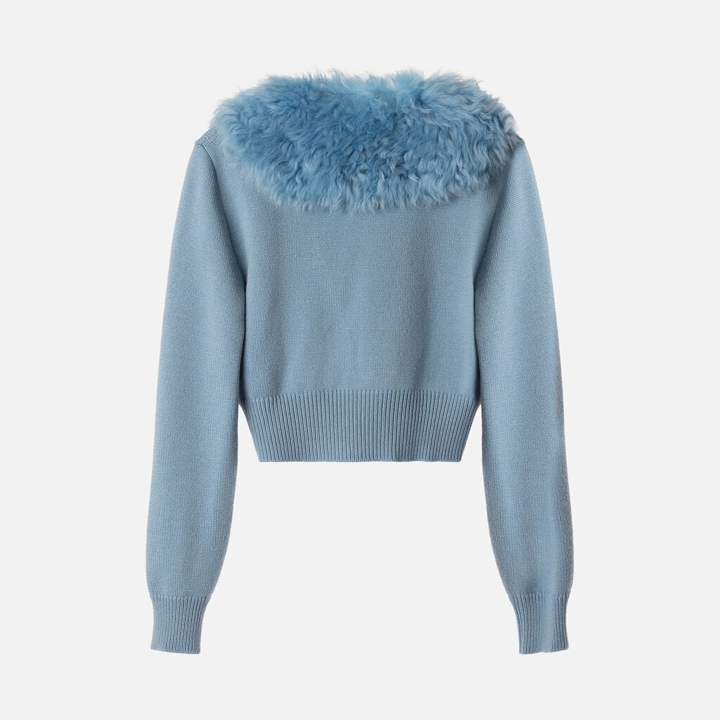 Gucci Blue Wool and Cashmere Cardigan With Shearling Collar