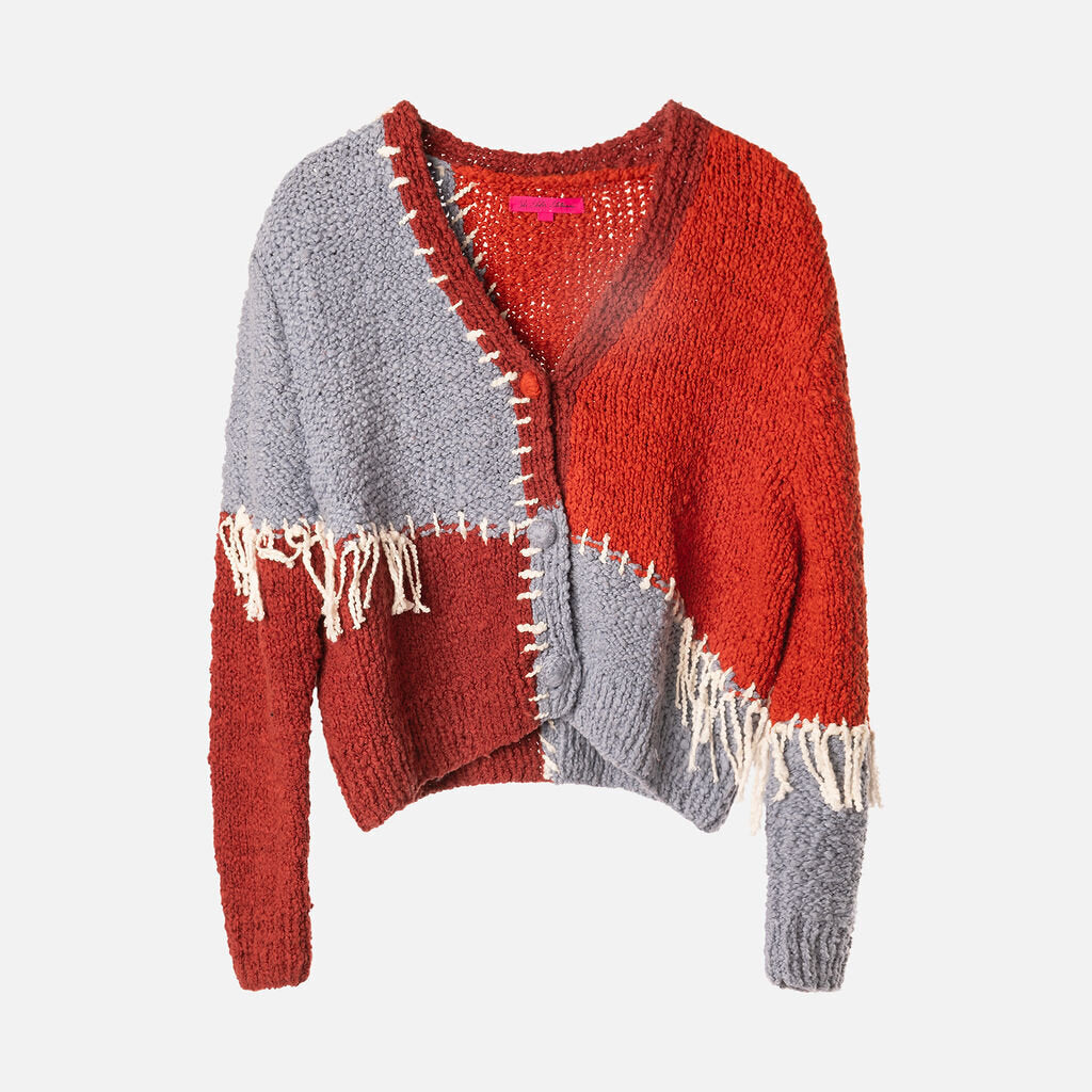 The Elder Statesmen Orange and Blue Patwork Boucle Cardigan