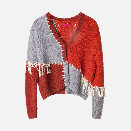 The Elder Statesmen Orange and Blue Patwork Boucle Cardigan
