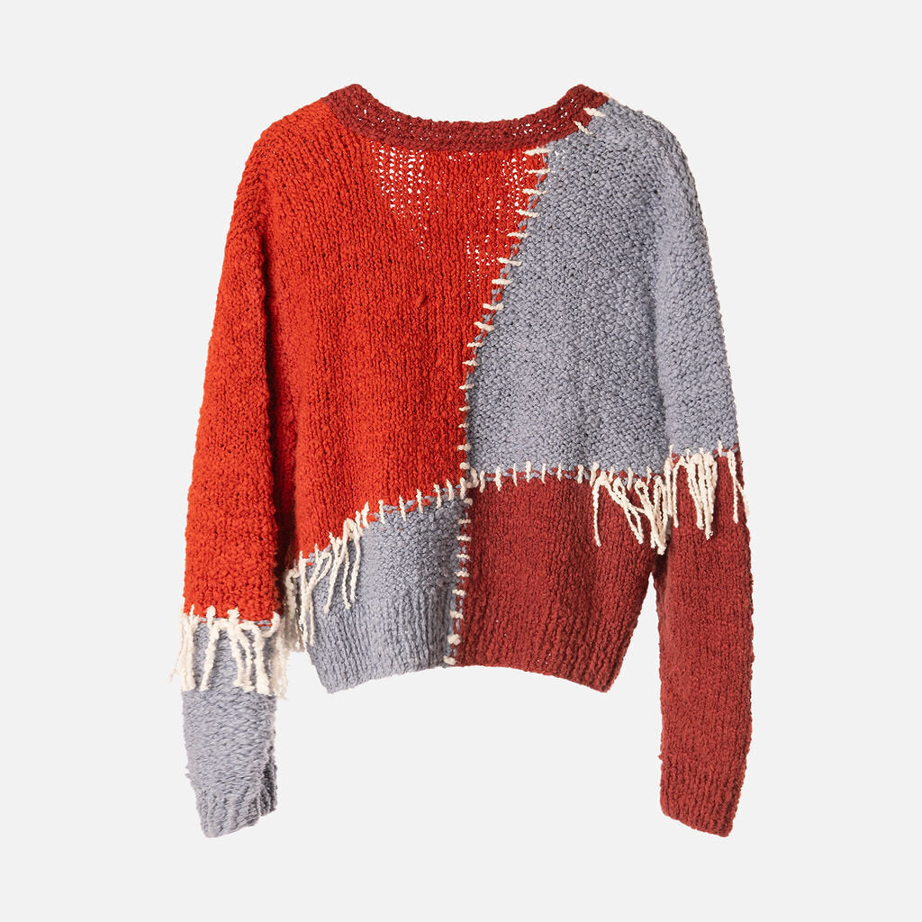 The Elder Statesmen Orange and Blue Patwork Boucle Cardigan