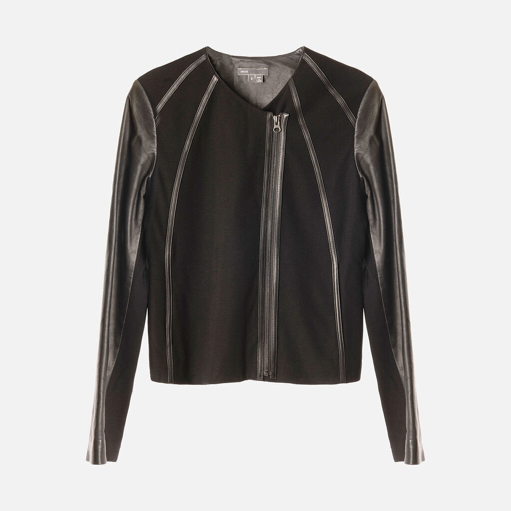 Vince Black Viscose Knit Leather Trim Jacket