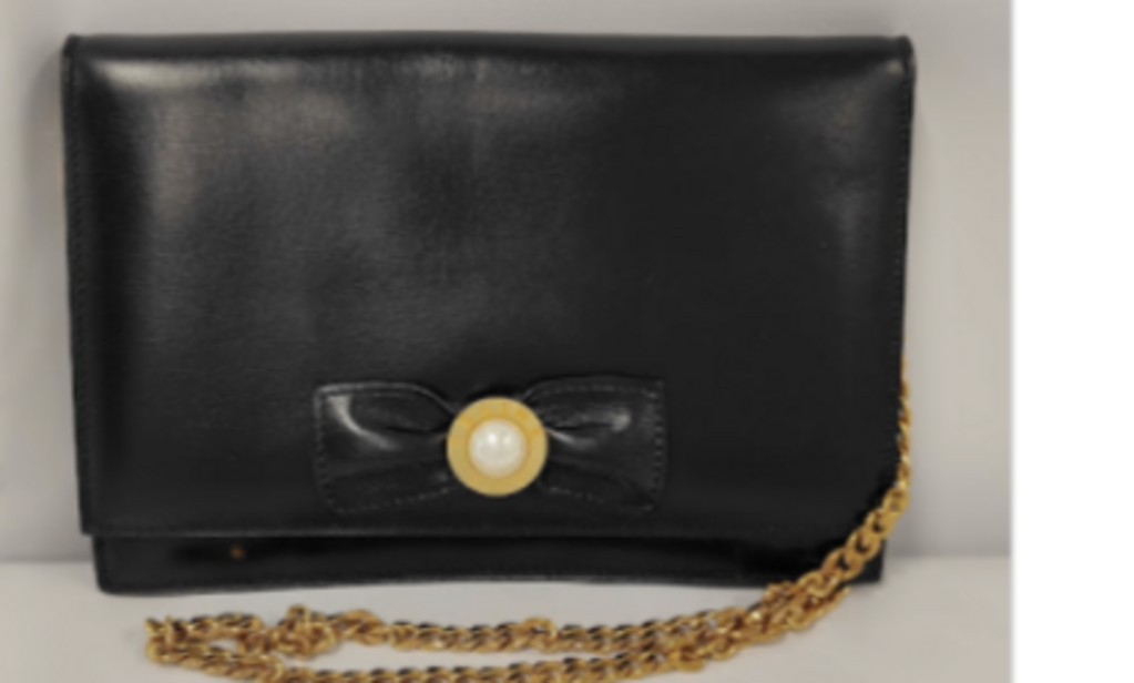 Black Leather Pearl Clutch w/Chain