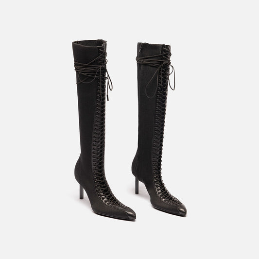Black Lace Up Knee High Boot