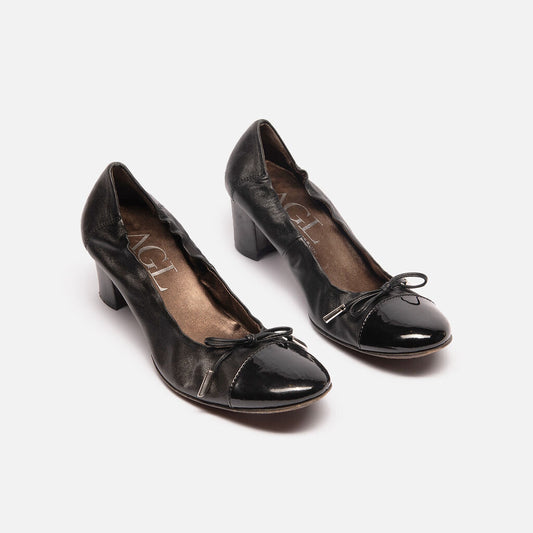 AGL Black Leather Patent Cap Toe Ballet Pumps