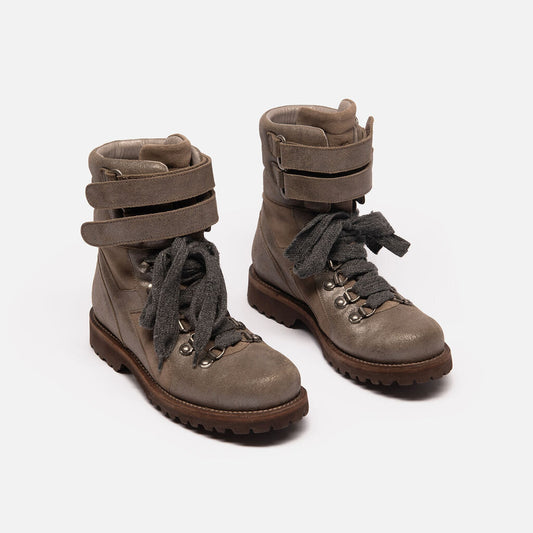 Brunello Cucinelli Metallic Khaki Suede Combat Boots
