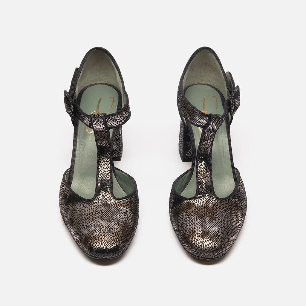 Paola D'Arcano Silver T-Bar Snap Embossed Pumps