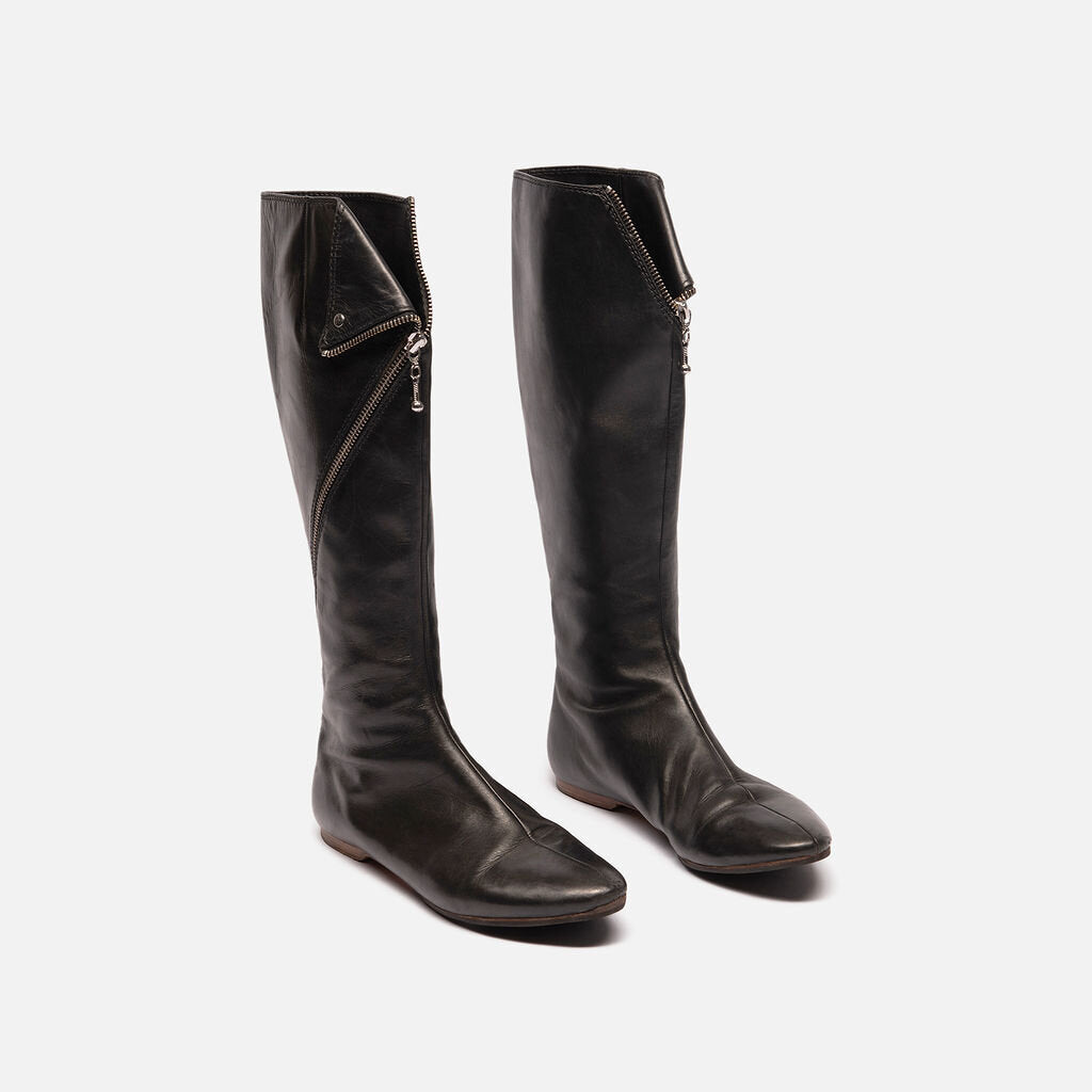 Belle Black Leather Flat Boots