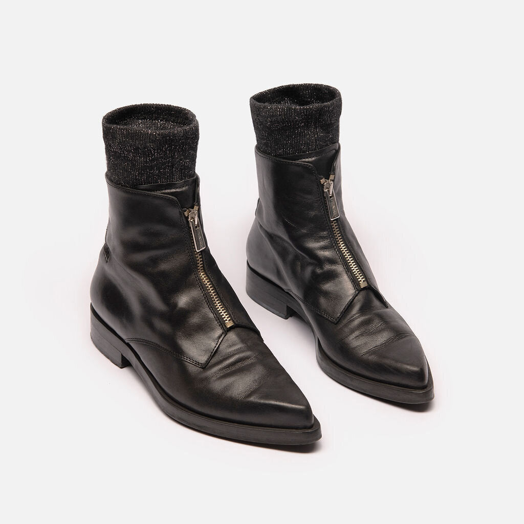 Pinko Black Leather Front Zip Ankle Boot