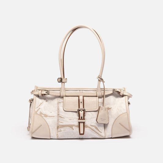Prada White Printed Linen Bonnie Bag