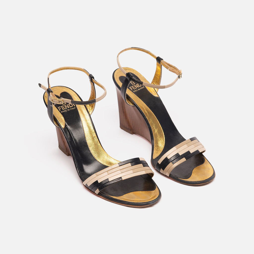 Fendi Black, Tan, and Gold Wedges
