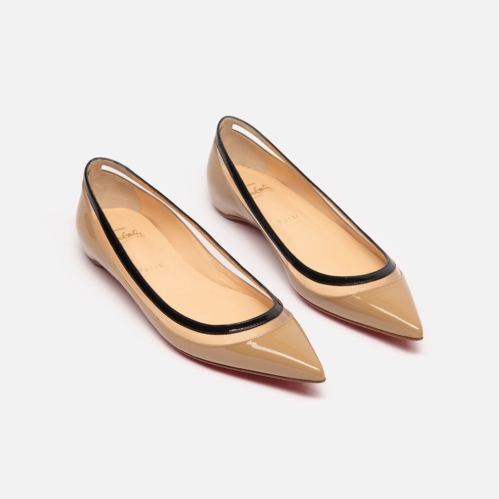 Christian Louboutin Tan and Black Patent Leather Point Toe Flats