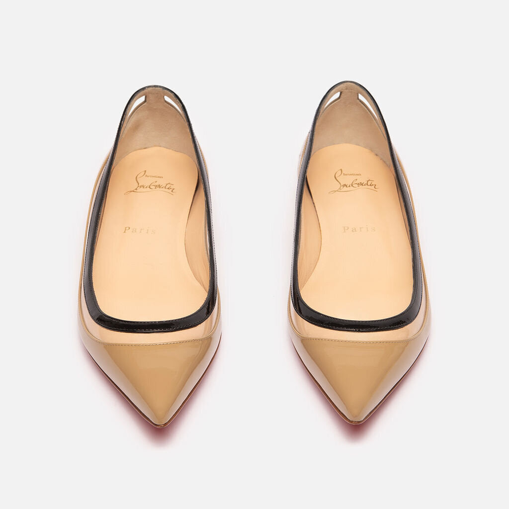 Christian Louboutin Tan and Black Patent Leather Point Toe Flats