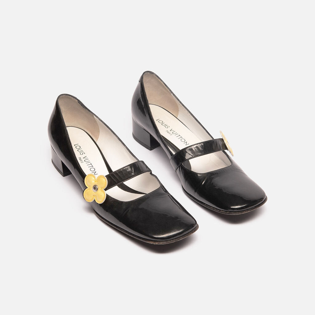Louis Vuitton Black Patent Leather Yellow Flower Mary Janes