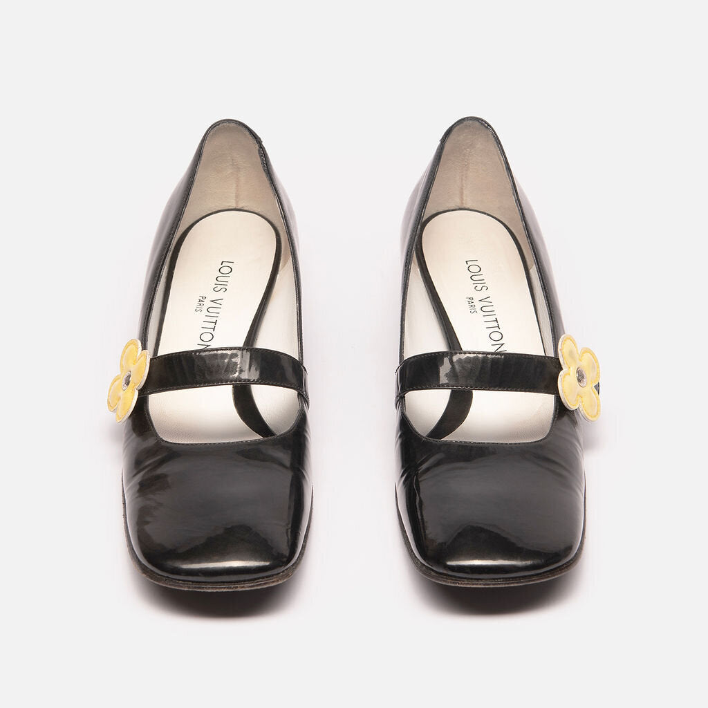 Louis Vuitton Black Patent Leather Yellow Flower Mary Janes