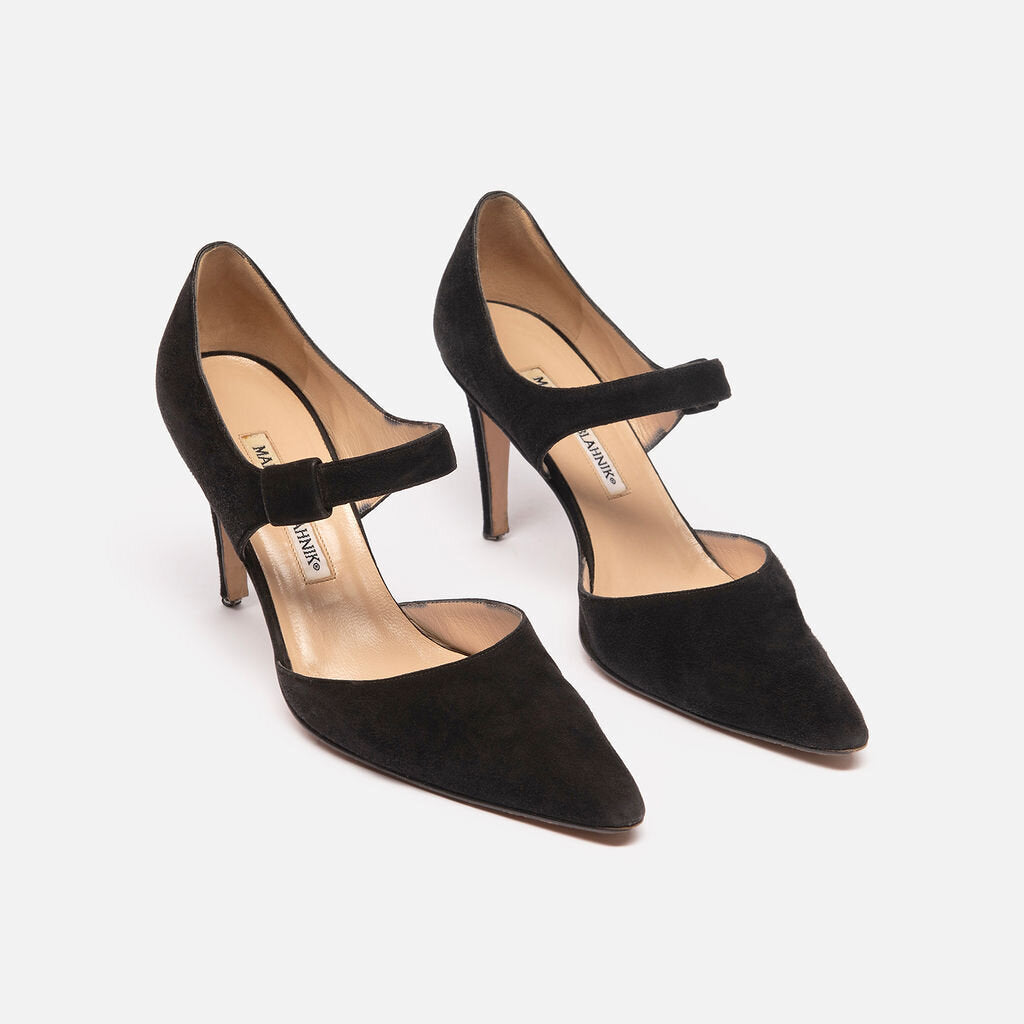 Manolo Blahnik Black Suede Mary Jane Heels