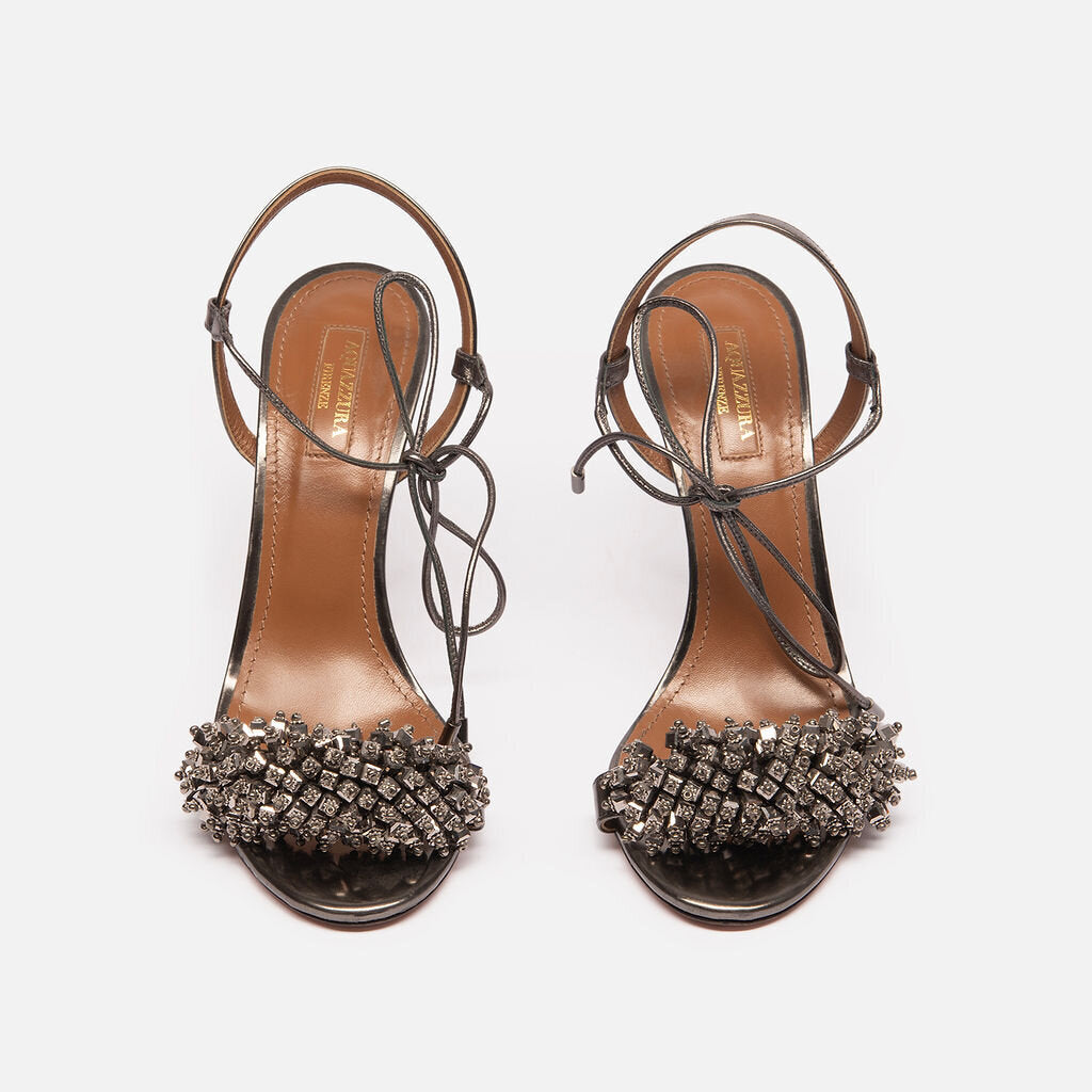 Aquazzura Silver/ Gunmetal Leather Beaded Heels