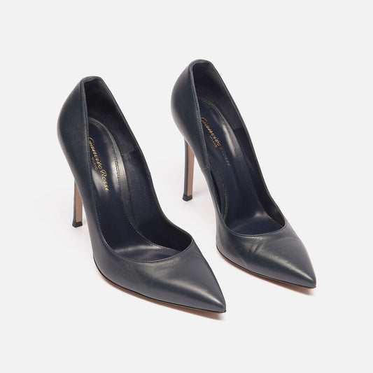 Gianvito Rossi Navy Leather Point Toe Pumps
