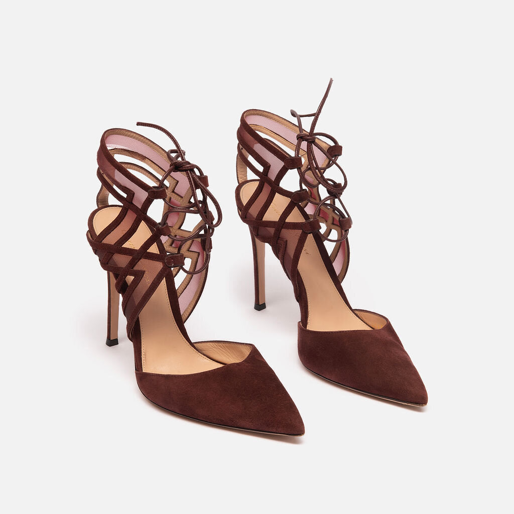 Gianvito Rossi Burgundy Suede Mesh Strappy Heels