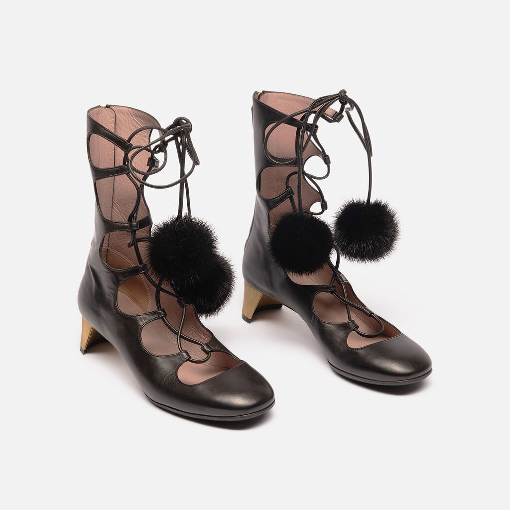 Gucci Black Leather Lace Up Gold Heels