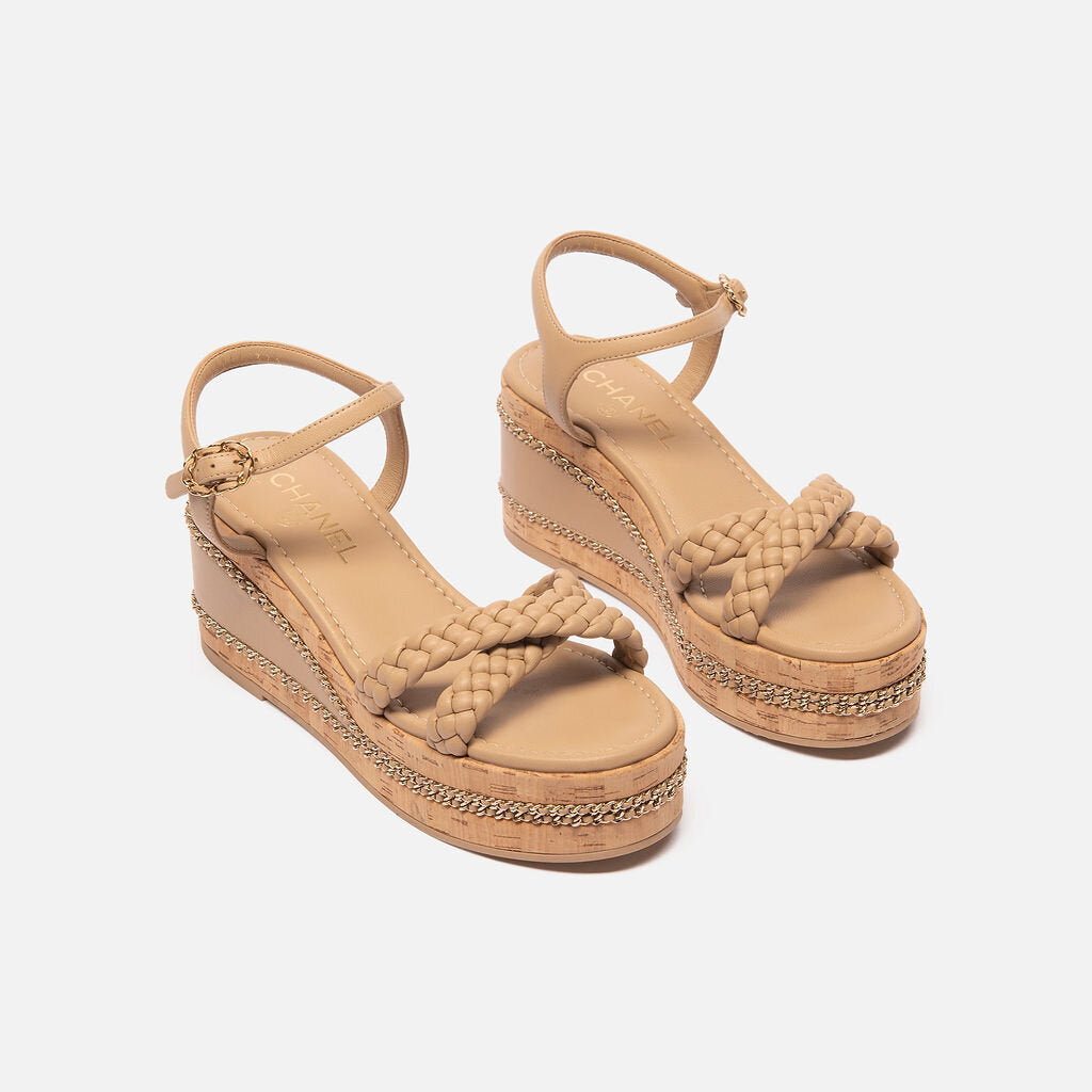 Chanel Tan Leather Platform Sandals