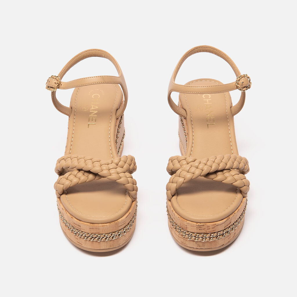 Chanel Tan Leather Platform Sandals