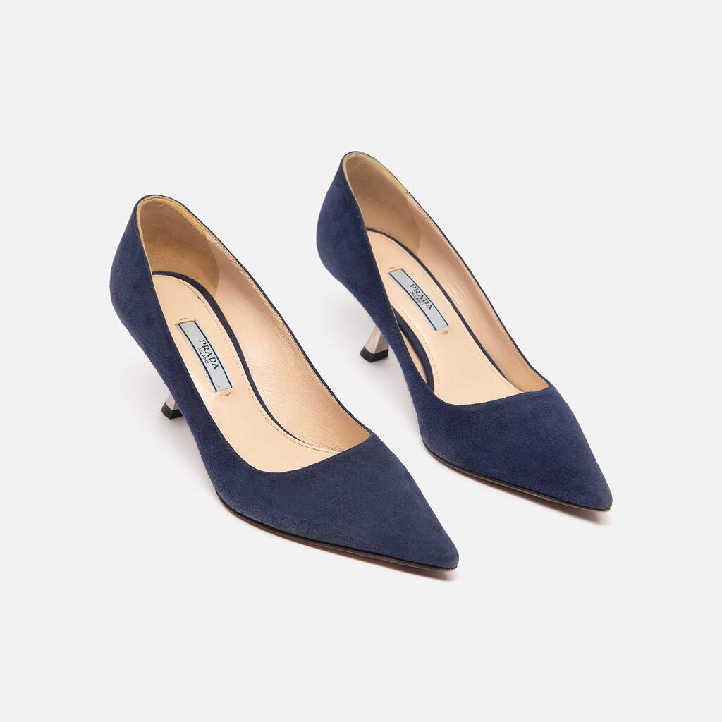 Prada Navy Suede Silver Kitten Heels