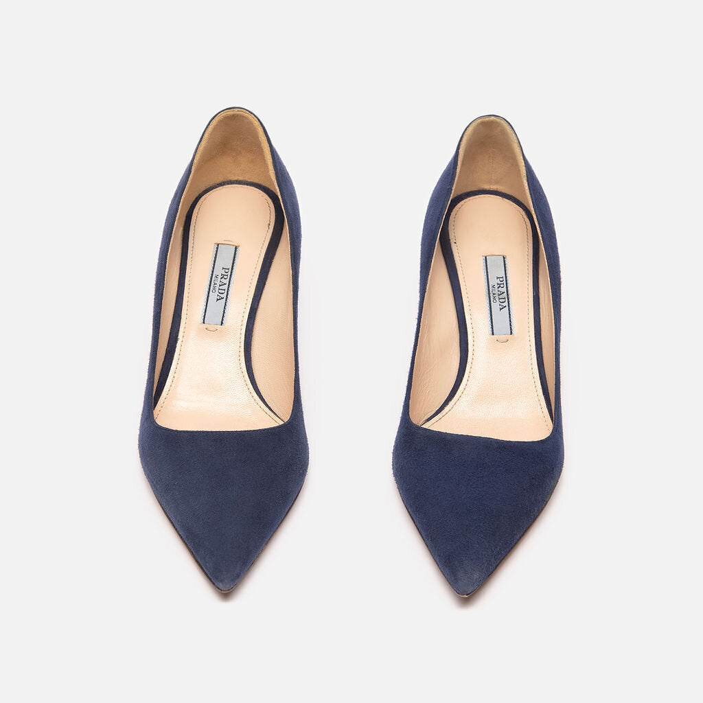 Prada Navy Suede Silver Kitten Heels
