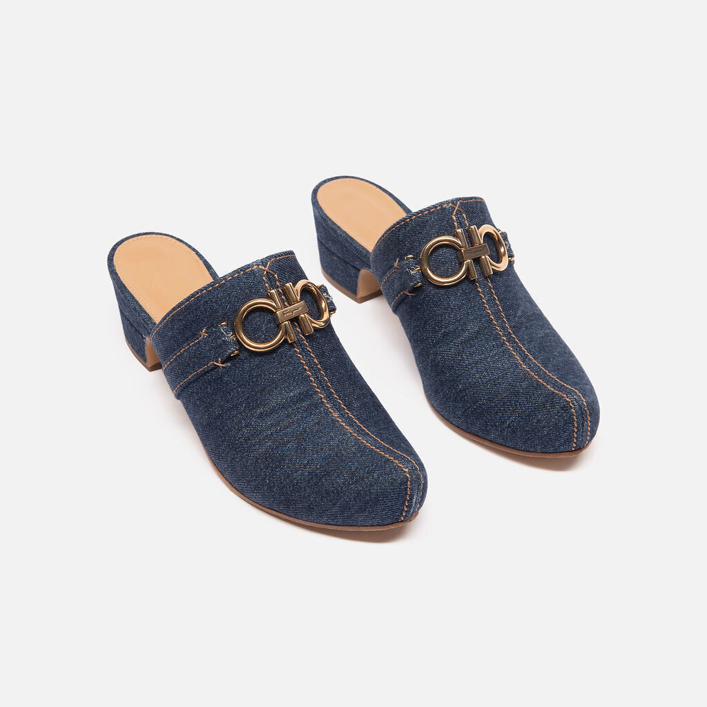 Salvatore Ferragamo Denim Gold Detail Mule