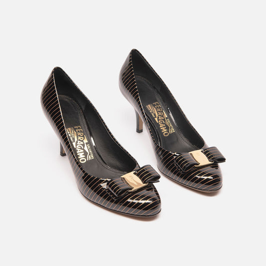 Salvatore Ferragamo Black Patent Leather Striped Pump