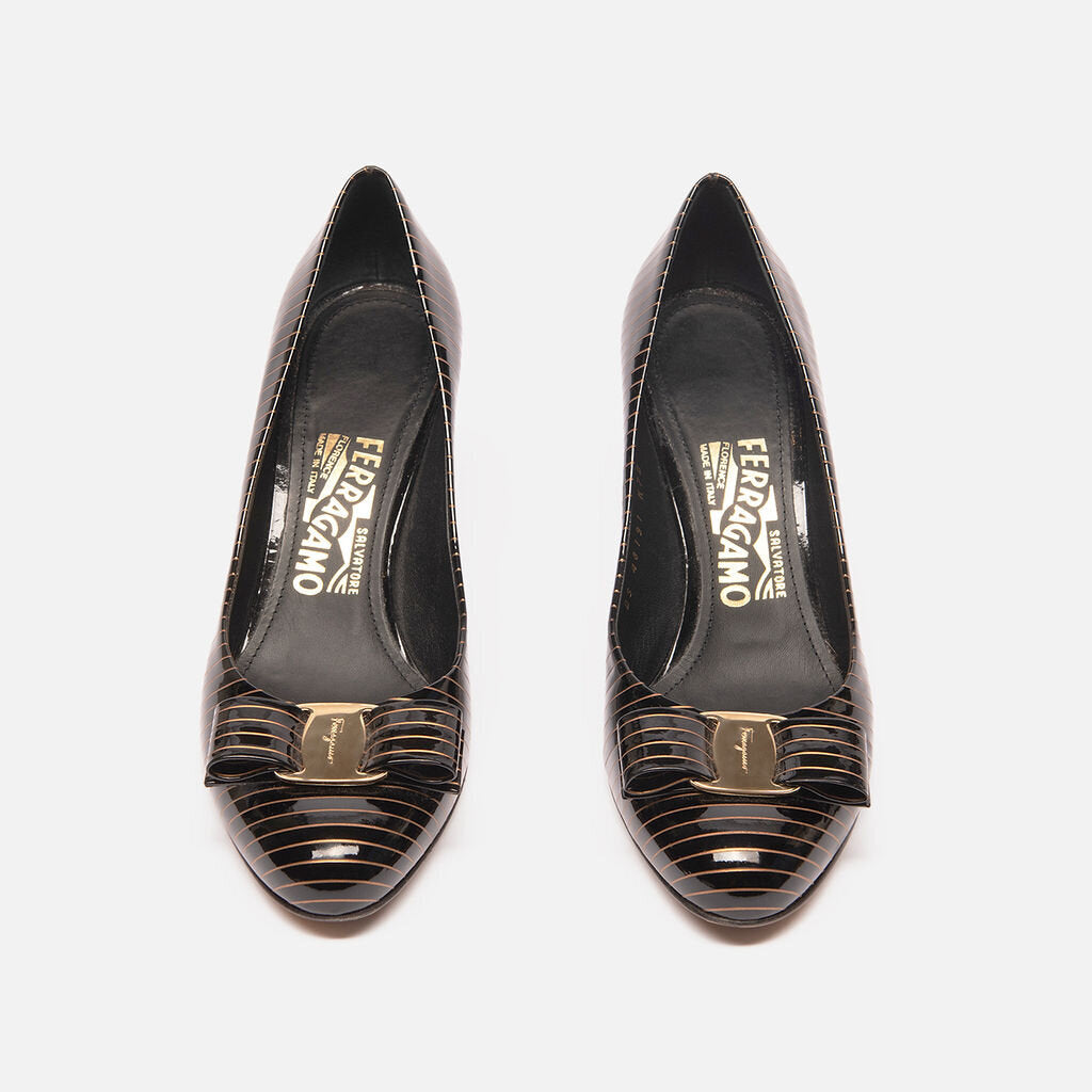 Salvatore Ferragamo Black Patent Leather Striped Pump
