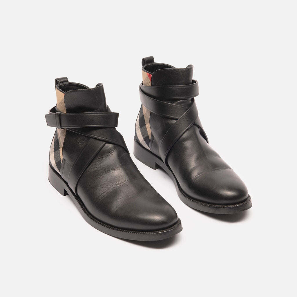 Burberry Black and Check Leather Ankle Boots