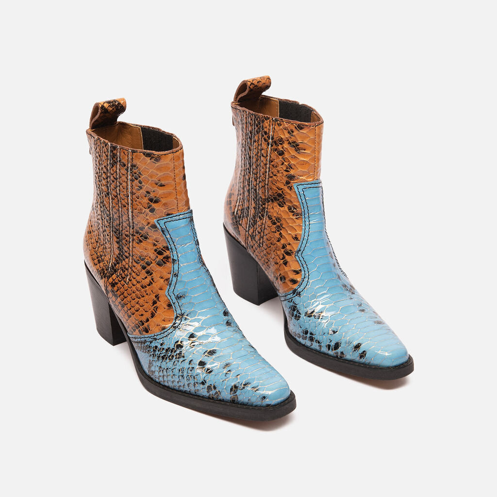 Ganni Brown and Blue Snake Print Western Boots