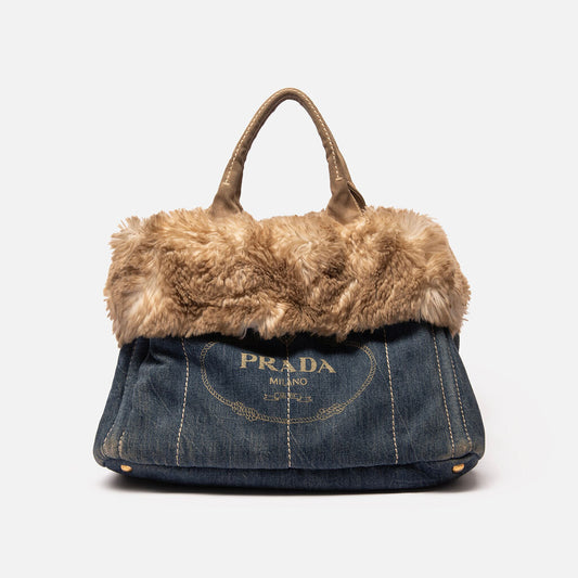 Prada Denim Canapa Fur Tote