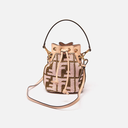 Fendi Beige and Green Raffia Mini Bucket Bag