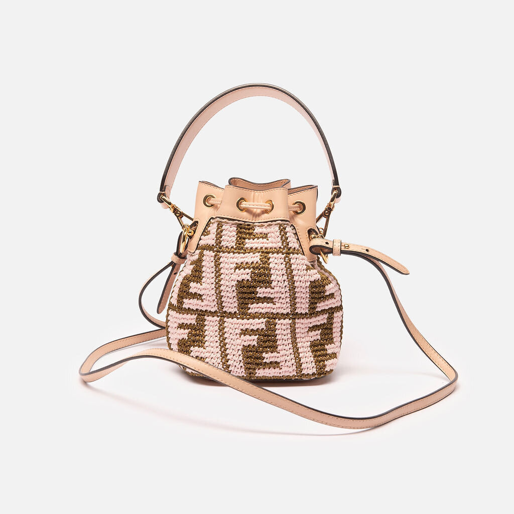 Fendi Beige and Green Raffia Mini Bucket Bag