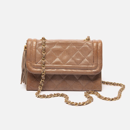 Chanel Dark Beige Lizard Mini Flap Tassel Crossbody