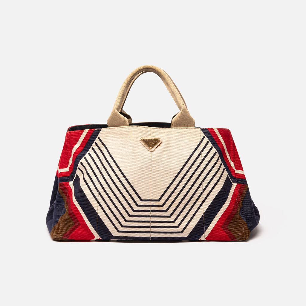 Prada Red/White/Brown Geometric Canapa Tote