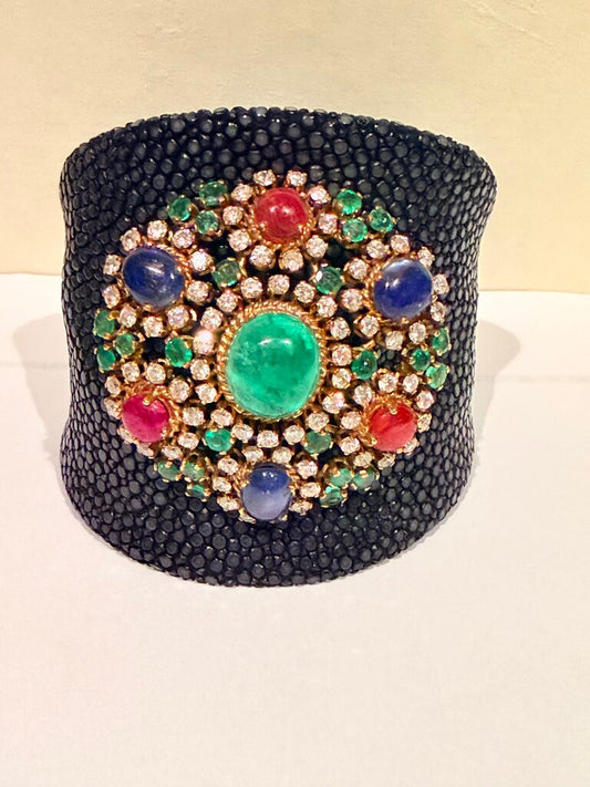 Black Stingray Cuff with Emeralds, Ruby & Sapphire
