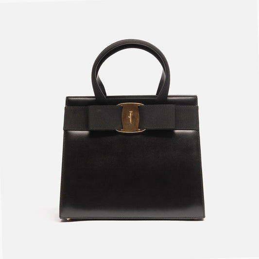 Ferragamo Black Boxcalf 'Vera' Top Handle
