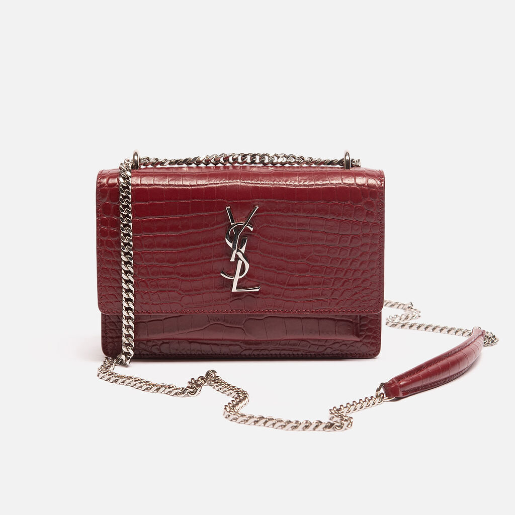 YSL Burgundy Croc Embossed Small Sunset Flap