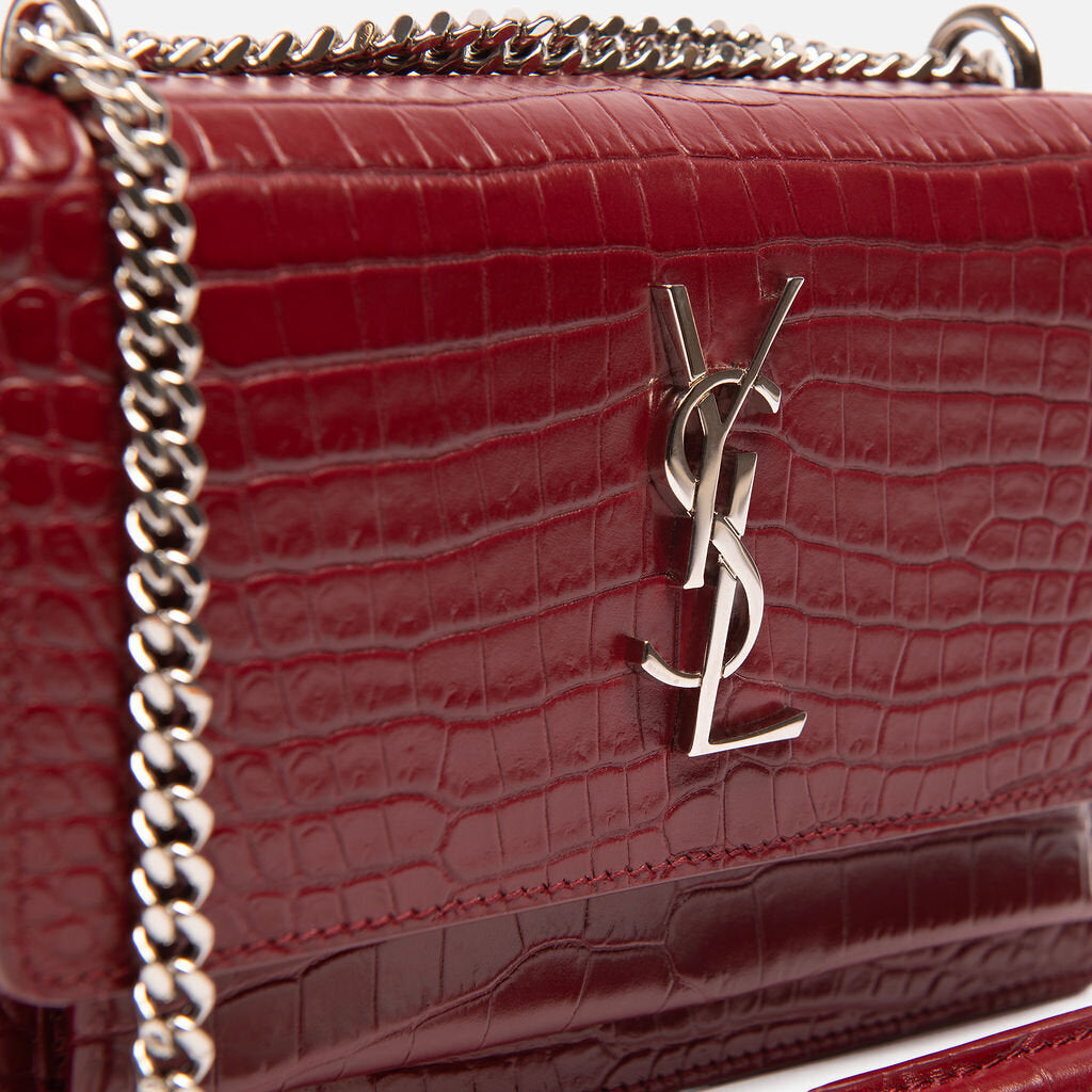 YSL Burgundy Croc Embossed Small Sunset Flap