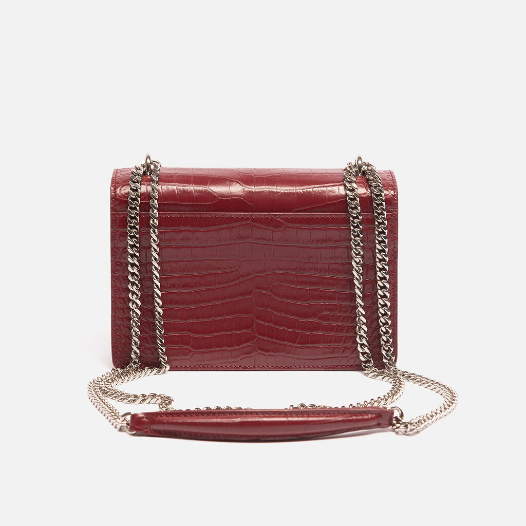 YSL Burgundy Croc Embossed Small Sunset Flap
