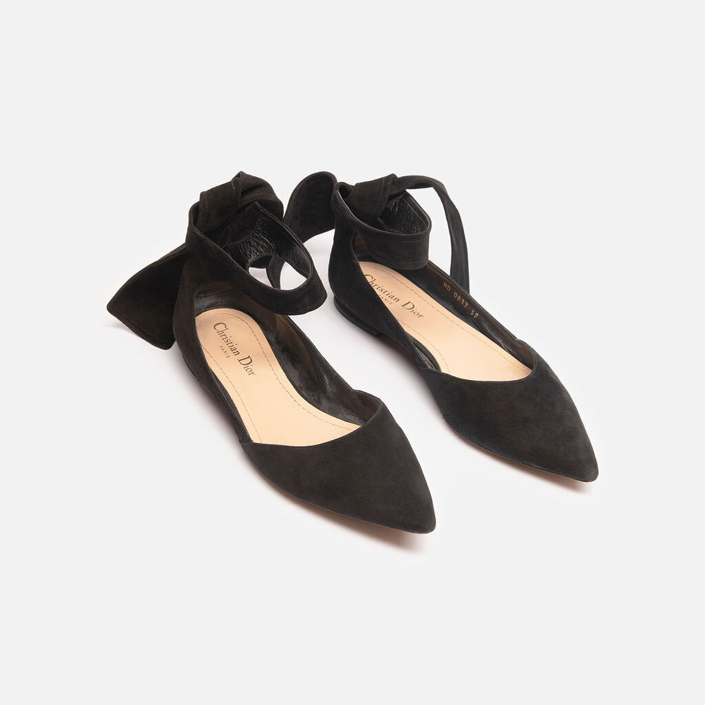 Christian Dior Black Suede Ankle Bow Flat