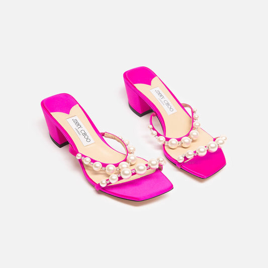 Jimmy Choo Pink Satin Pearl Embellished Sandal