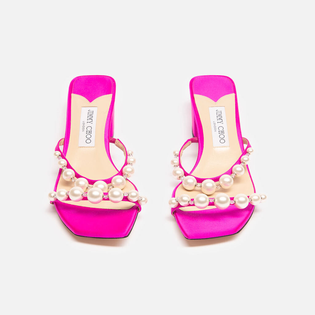 Jimmy Choo Pink Satin Pearl Embellished Sandal