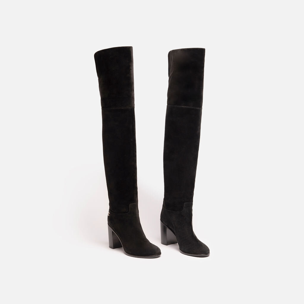 Chanel Black Suede Over the Knee Boots