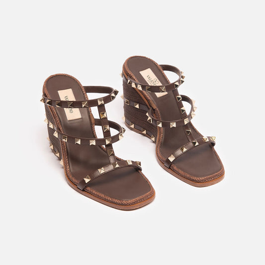 Valentino Brown Leather Rockstud Wedge Sandal