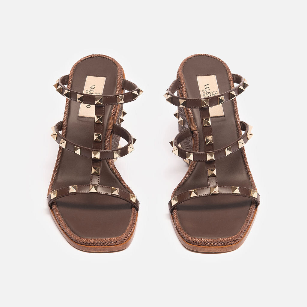 Valentino Brown Leather Rockstud Wedge Sandal