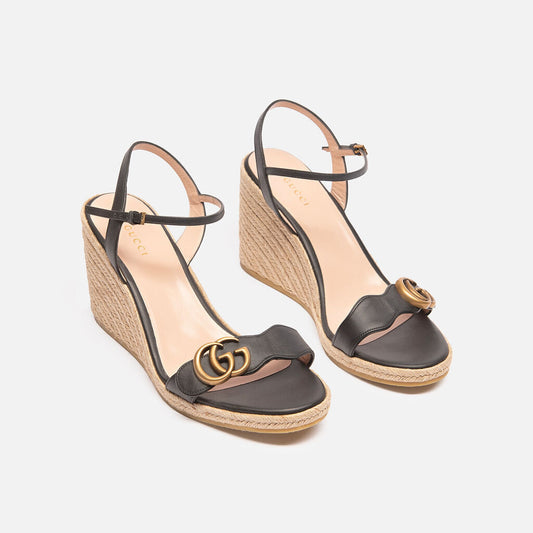Gucci Black Leather Espadrille Wedge Sandal